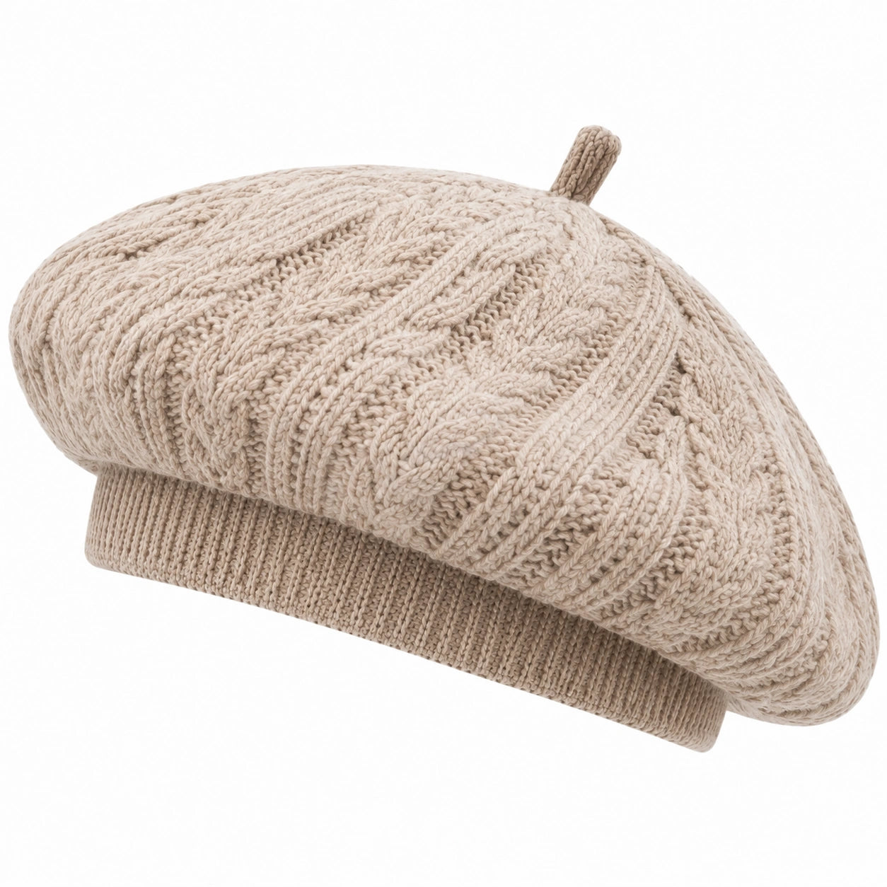 Baskenmütze Einheitsgröße aus Stricktextil Beige mit Zopfmuster