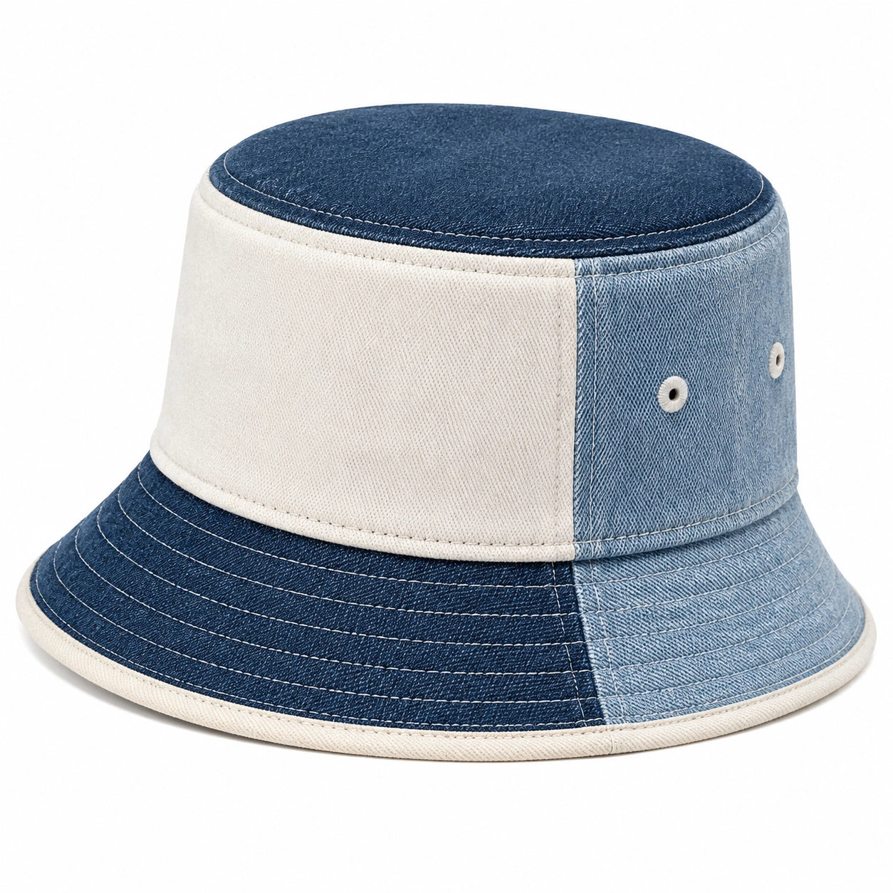 Jeans-Bucket-Hut Einheitsgröße Blau/Hellblau/Creme im Patchwork-Stil