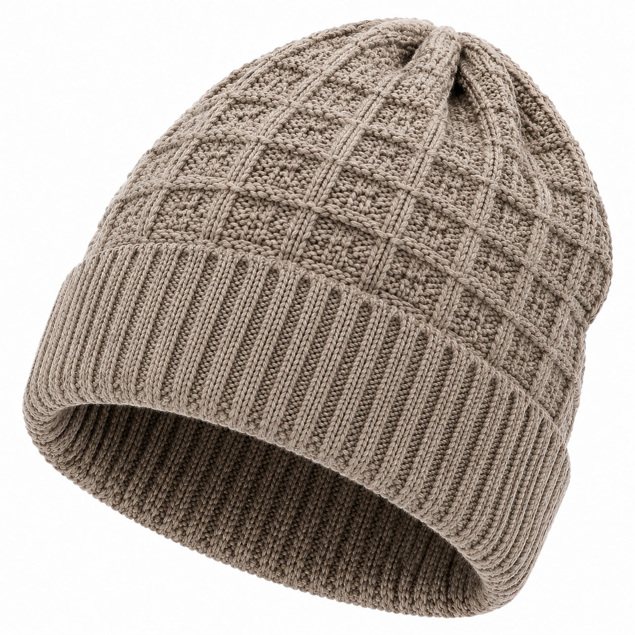 Strickmütze Einheitsgröße Taupe mit Umschlag und Zopfmuster
