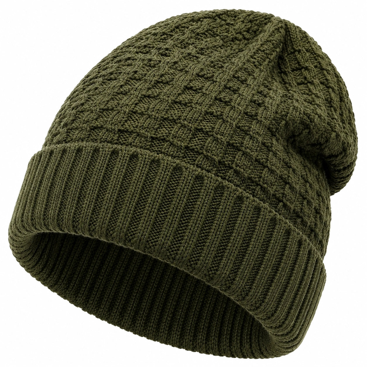 Strickmütze Einheitsgröße Olivgrün mit Zopfmuster und Umschlag