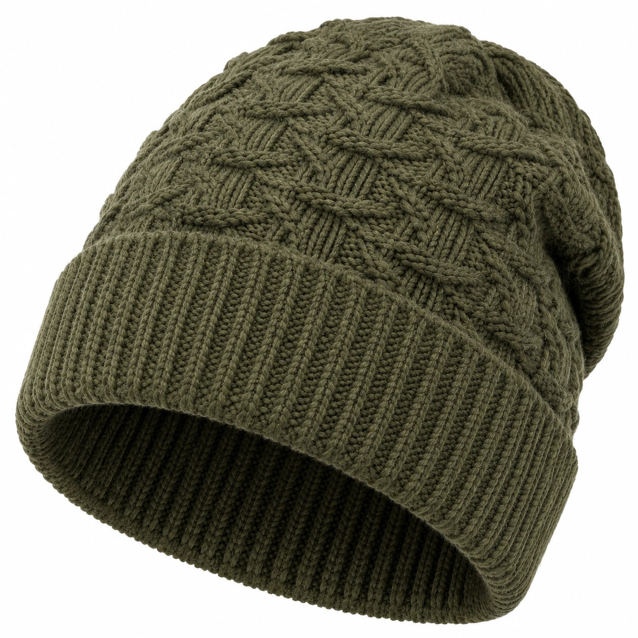 Strickmütze Einheitsgröße aus Strick in Olivgrün mit Umschlag für den Winter
