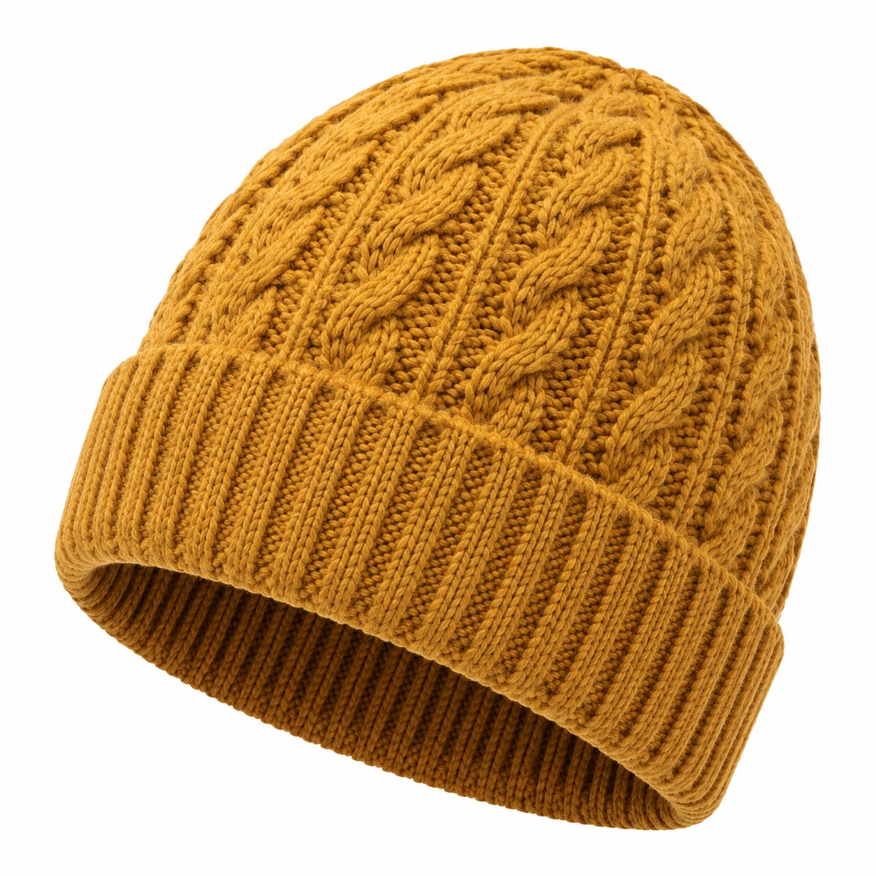 Strickmütze Einheitsgröße senfgelb mit Zopfmuster und Umschlag für Alltag