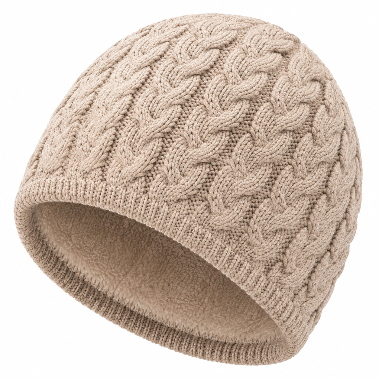 Strickmütze Einheitsgröße Beige mit Fleecefutter für Winter im Zopfmuster